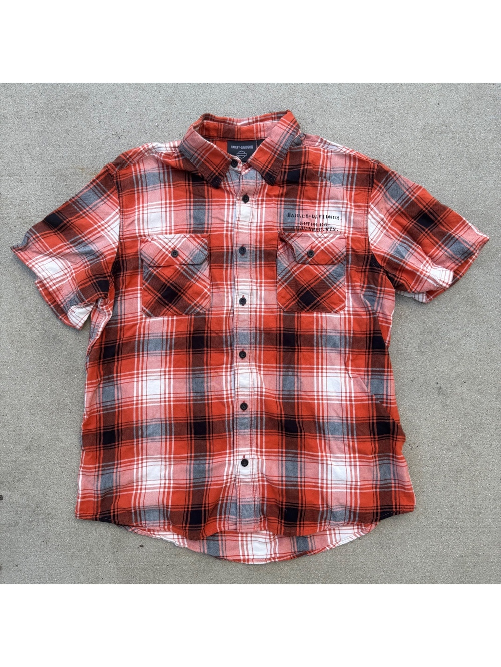 Harley-Davidson Mens XL Plaid Short Sleeve Button-Up Shirt Orange Black